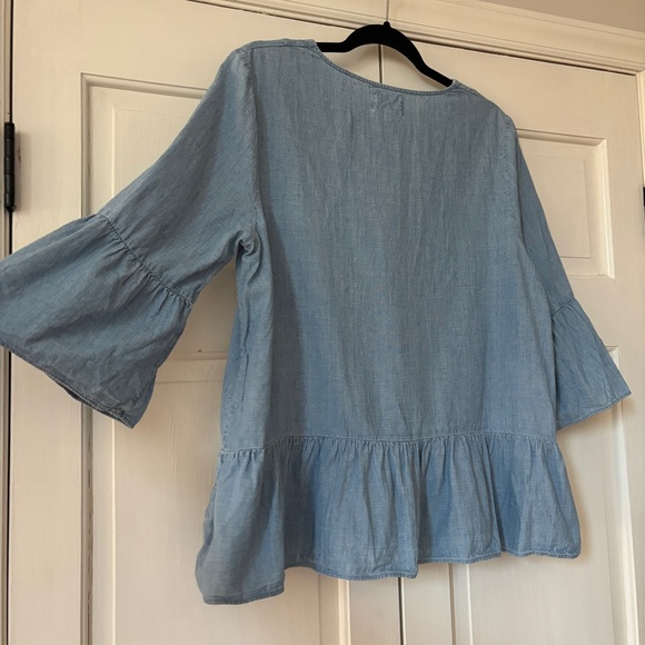 Sezane Anita Chambray Top Lace Up Denim Blouse Bell Sleeve Peplum Size 42 US 10 - Picture 15 of 16